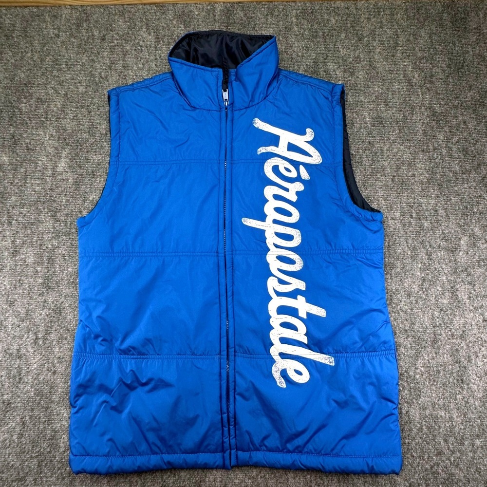 Aeropostale Mens Blue Puffer Vest Large Full Zip Logo Insulated 9832AH11